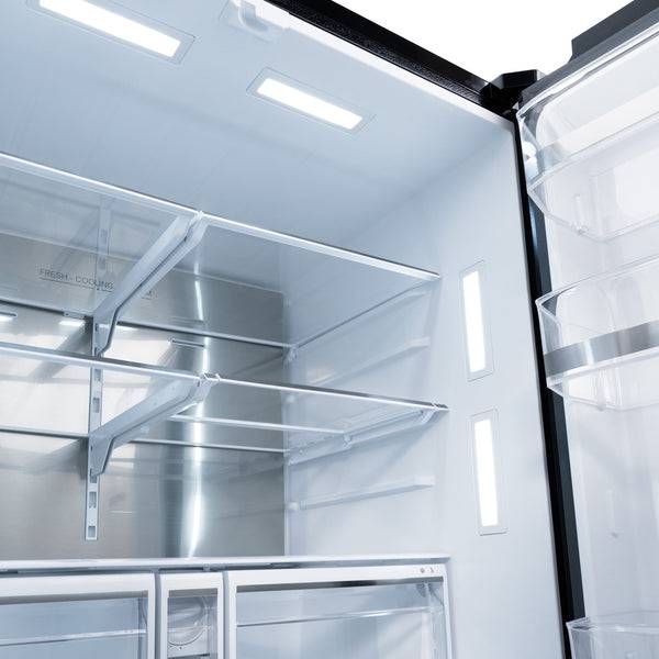 ZLINE Autograph Edition 36 in. 28.9 cu. ft. Standard-Depth French Door External Water Dispenser Refrigerator with Dual Ice Maker in Black Stainless Steel and Polished Gold Modern Handles (RSMZ-W-36-BS-FG) - KB&A The Home Improvement Store