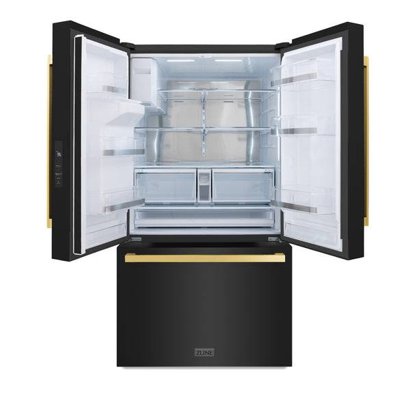 ZLINE Autograph Edition 36 in. 28.9 cu. ft. Standard-Depth French Door External Water Dispenser Refrigerator with Dual Ice Maker in Black Stainless Steel and Polished Gold Modern Handles (RSMZ-W-36-BS-FG) - KB&A The Home Improvement Store