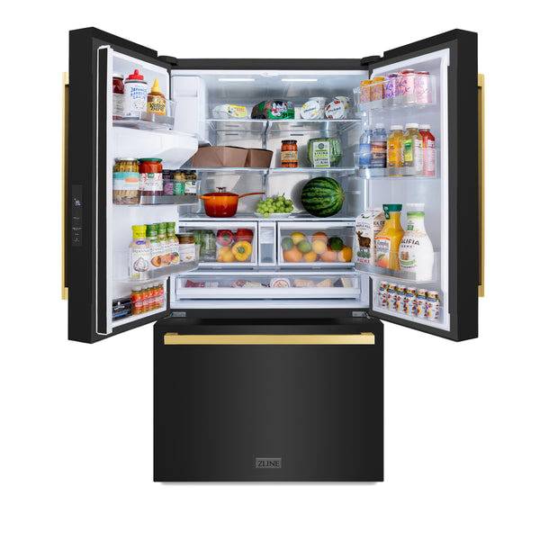 ZLINE Autograph Edition 36 in. 28.9 cu. ft. Standard-Depth French Door External Water Dispenser Refrigerator with Dual Ice Maker in Black Stainless Steel and Polished Gold Modern Handles (RSMZ-W-36-BS-FG) - KB&A The Home Improvement Store