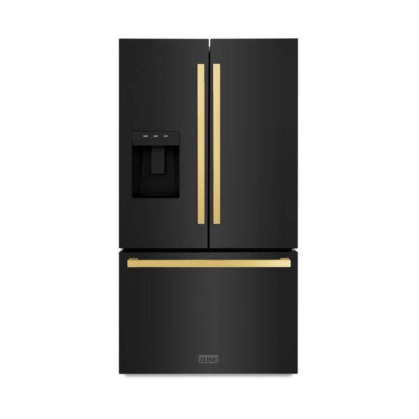 ZLINE Autograph Edition 36 in. 28.9 cu. ft. Standard-Depth French Door External Water Dispenser Refrigerator with Dual Ice Maker in Black Stainless Steel and Polished Gold Modern Handles (RSMZ-W-36-BS-FG) - KB&A The Home Improvement Store