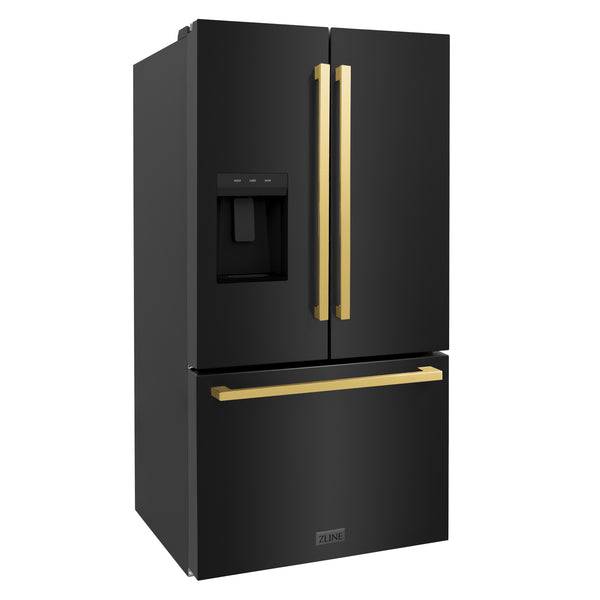 ZLINE Autograph Edition 36 in. 28.9 cu. ft. Standard-Depth French Door External Water Dispenser Refrigerator with Dual Ice Maker in Black Stainless Steel and Polished Gold Modern Handles (RSMZ-W-36-BS-FG) - KB&A The Home Improvement Store