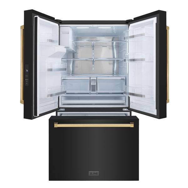 ZLINE Autograph Edition 36 in. 28.9 cu. ft. Standard-Depth French Door External Water Dispenser Refrigerator with Dual Ice Maker in Black Stainless Steel and Polished Gold Handles (RSMZ-W-36-BS-G) - KB&A The Home Improvement Store
