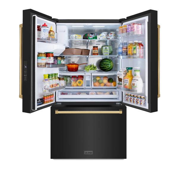 ZLINE Autograph Edition 36 in. 28.9 cu. ft. Standard-Depth French Door External Water Dispenser Refrigerator with Dual Ice Maker in Black Stainless Steel and Polished Gold Handles (RSMZ-W-36-BS-G) - KB&A The Home Improvement Store