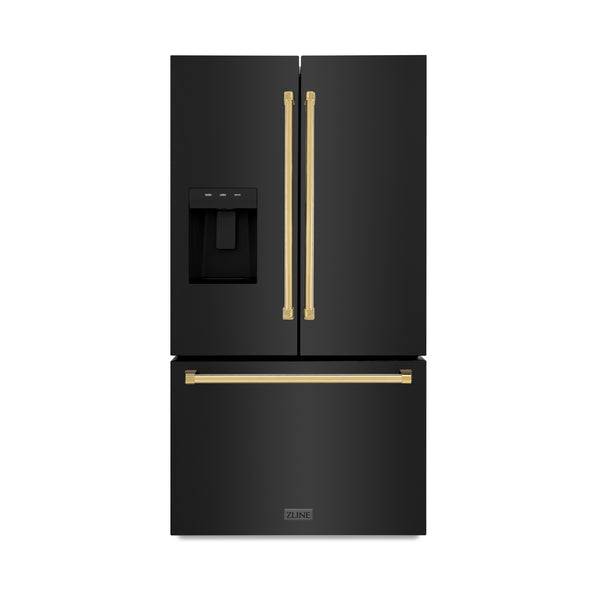 ZLINE Autograph Edition 36 in. 28.9 cu. ft. Standard-Depth French Door External Water Dispenser Refrigerator with Dual Ice Maker in Black Stainless Steel and Polished Gold Handles (RSMZ-W-36-BS-G) - KB&A The Home Improvement Store