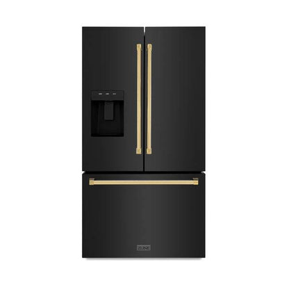 ZLINE Autograph Edition 36 in. 28.9 cu. ft. Standard-Depth French Door External Water Dispenser Refrigerator with Dual Ice Maker in Black Stainless Steel and Polished Gold Handles (RSMZ-W-36-BS-G) - KB&A The Home Improvement Store
