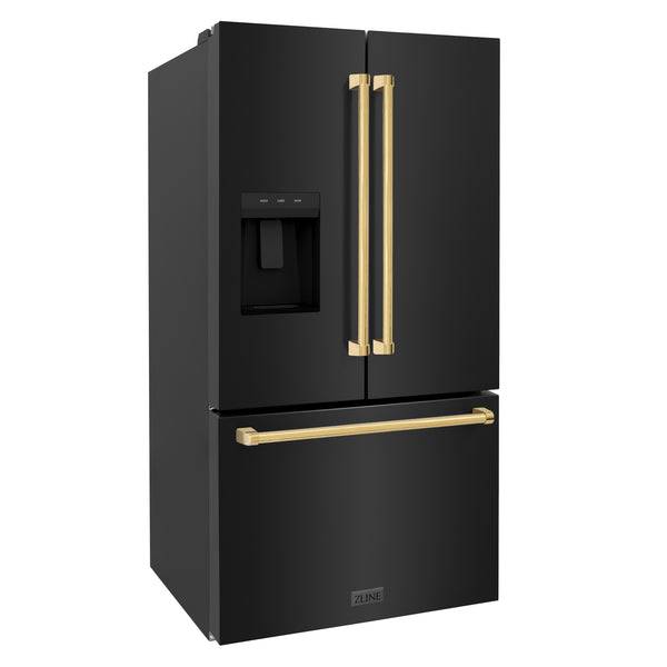 ZLINE Autograph Edition 36 in. 28.9 cu. ft. Standard-Depth French Door External Water Dispenser Refrigerator with Dual Ice Maker in Black Stainless Steel and Polished Gold Handles (RSMZ-W-36-BS-G) - KB&A The Home Improvement Store