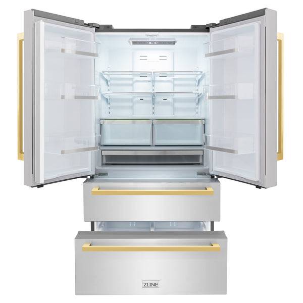 ZLINE 36 in. Autograph Edition 22.5 cu. ft 4-Door French Door Refrigerator with Ice Maker in Stainless Steel with Polished Gold Square Handles (RFMZ-36-FG) - KB&A The Home Improvement Store