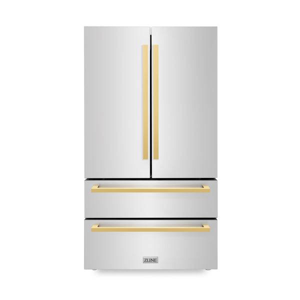 ZLINE 36 in. Autograph Edition 22.5 cu. ft 4-Door French Door Refrigerator with Ice Maker in Stainless Steel with Polished Gold Square Handles (RFMZ-36-FG) - KB&A The Home Improvement Store
