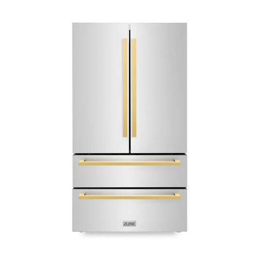 ZLINE 36 in. Autograph Edition 22.5 cu. ft 4-Door French Door Refrigerator with Ice Maker in Stainless Steel with Polished Gold Square Handles (RFMZ-36-FG) - KB&A The Home Improvement Store