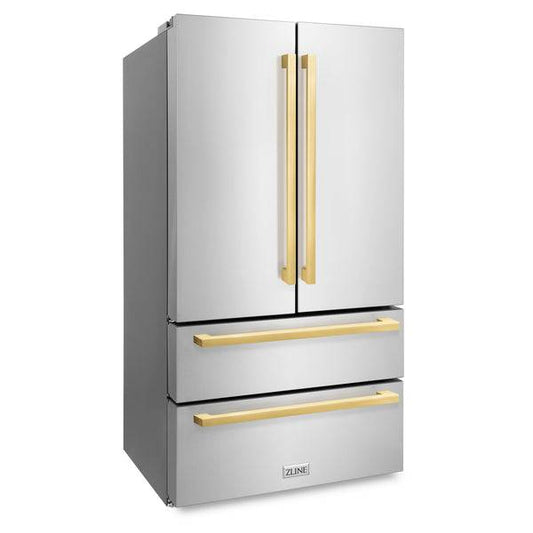 ZLINE 36 in. Autograph Edition 22.5 cu. ft 4-Door French Door Refrigerator with Ice Maker in Stainless Steel with Polished Gold Square Handles (RFMZ-36-FG) - KB&A The Home Improvement Store