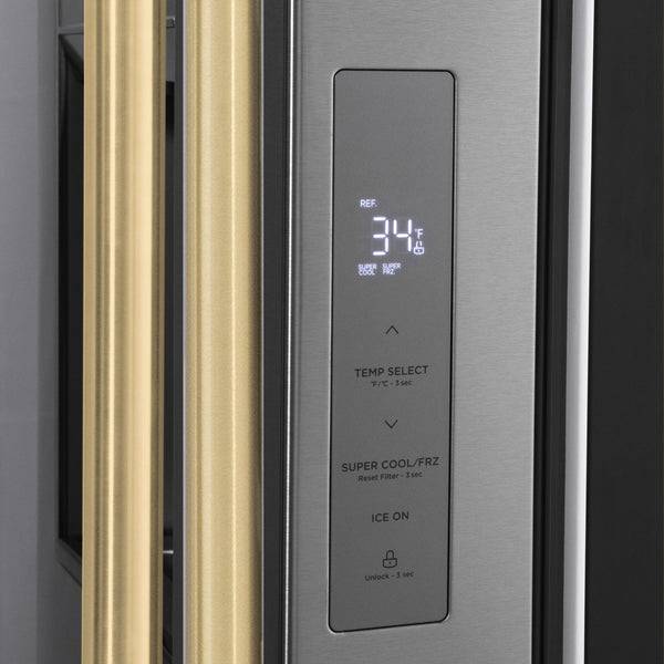 ZLINE Autograph Edition 36 in. 28.9 cu. ft. Standard-Depth French Door External Water Dispenser Refrigerator with Dual Ice Maker in Fingerprint Resistant Stainless Steel and Champagne Bronze Traditional Handles (RSMZ-W-36-CB) - KB&A The Home Improvement Store