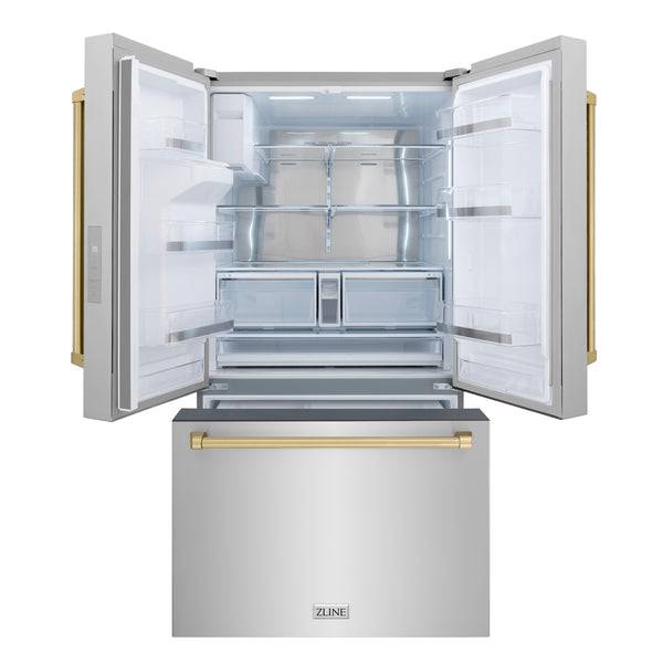 ZLINE Autograph Edition 36 in. 28.9 cu. ft. Standard-Depth French Door External Water Dispenser Refrigerator with Dual Ice Maker in Fingerprint Resistant Stainless Steel and Champagne Bronze Traditional Handles (RSMZ-W-36-CB) - KB&A The Home Improvement Store