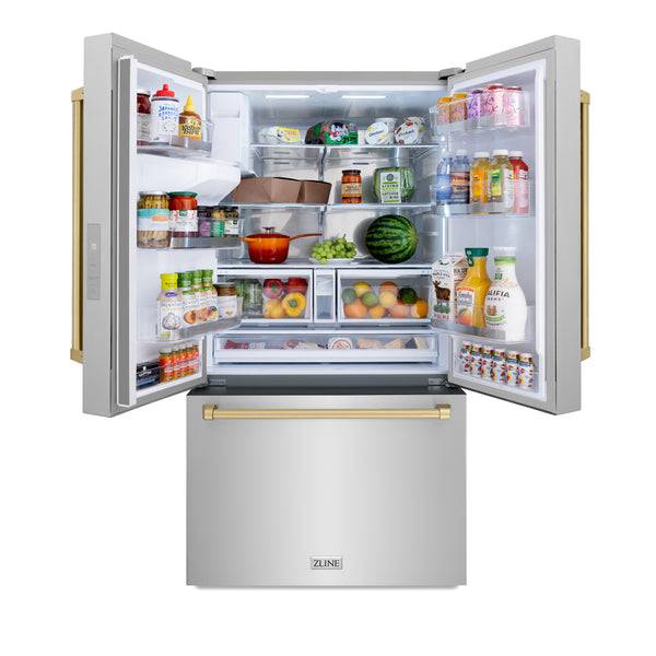 ZLINE Autograph Edition 36 in. 28.9 cu. ft. Standard-Depth French Door External Water Dispenser Refrigerator with Dual Ice Maker in Fingerprint Resistant Stainless Steel and Champagne Bronze Traditional Handles (RSMZ-W-36-CB) - KB&A The Home Improvement Store