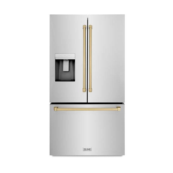 ZLINE Autograph Edition 36 in. 28.9 cu. ft. Standard-Depth French Door External Water Dispenser Refrigerator with Dual Ice Maker in Fingerprint Resistant Stainless Steel and Champagne Bronze Traditional Handles (RSMZ-W-36-CB) - KB&A The Home Improvement Store