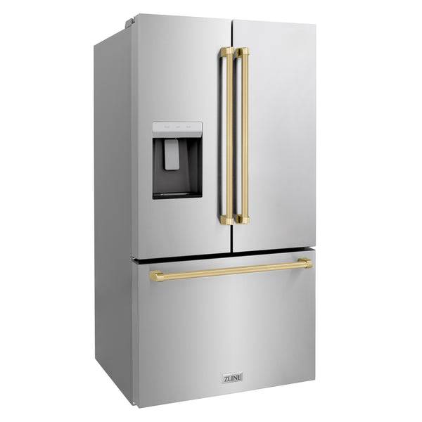 ZLINE Autograph Edition 36 in. 28.9 cu. ft. Standard-Depth French Door External Water Dispenser Refrigerator with Dual Ice Maker in Fingerprint Resistant Stainless Steel and Champagne Bronze Traditional Handles (RSMZ-W-36-CB) - KB&A The Home Improvement Store