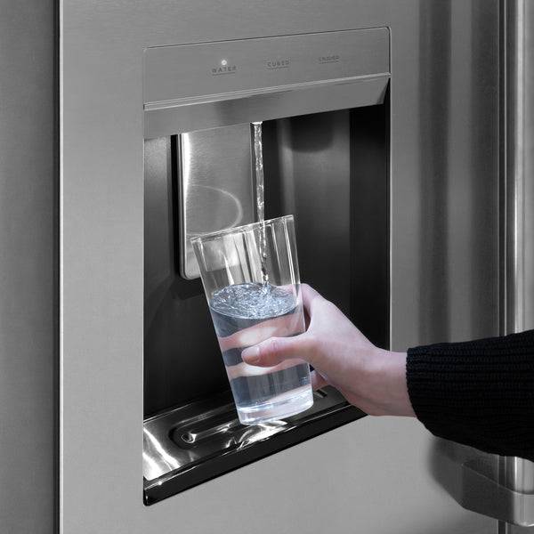 ZLINE Autograph Edition 36 in. 28.9 cu. ft. Standard-Depth French Door External Water Dispenser Refrigerator with Dual Ice Maker in Fingerprint Resistant Stainless Steel and Champagne Bronze Traditional Handles (RSMZ-W-36-CB) - KB&A The Home Improvement Store