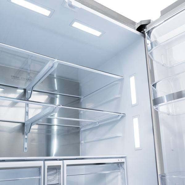 ZLINE Autograph Edition 36 in. 28.9 cu. ft. Standard-Depth French Door External Water Dispenser Refrigerator with Dual Ice Maker in Fingerprint Resistant Stainless Steel and Polished Gold Modern Handles (RSMZ-W-36-FG) - KB&A The Home Improvement Store