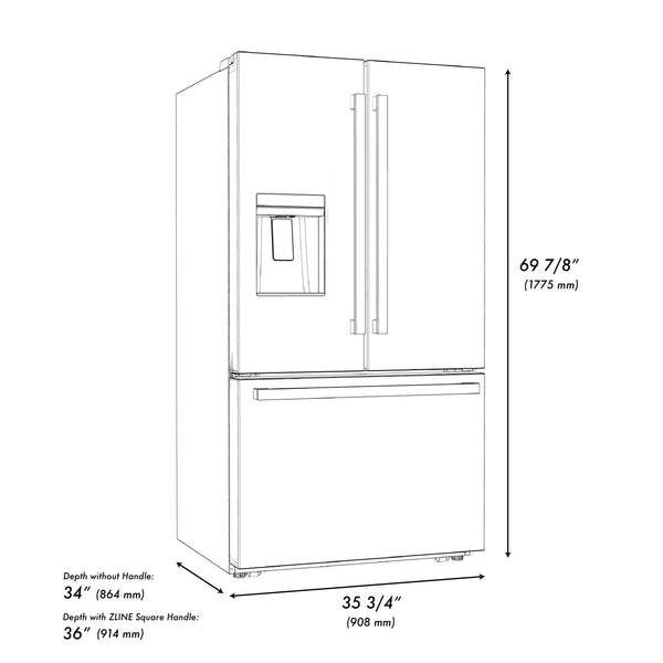 ZLINE 36 in. Autograph Edition 21.6 cu. ft 4-Door French Door Refrigerator with Water and Ice Dispenser in Stainless Steel with Polished Gold Modern Handles (RFMZ-W-36-FG) - KB&A The Home Improvement Store