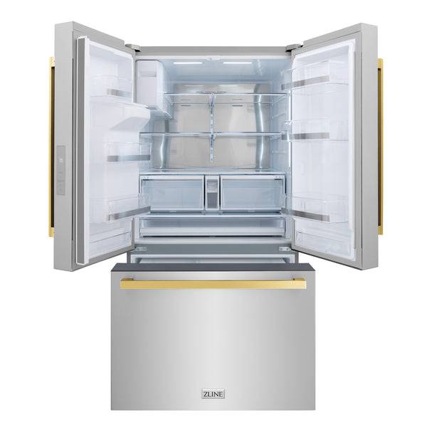 ZLINE 36 in. Autograph Edition 21.6 cu. ft 4-Door French Door Refrigerator with Water and Ice Dispenser in Stainless Steel with Polished Gold Modern Handles (RFMZ-W-36-FG) - KB&A The Home Improvement Store