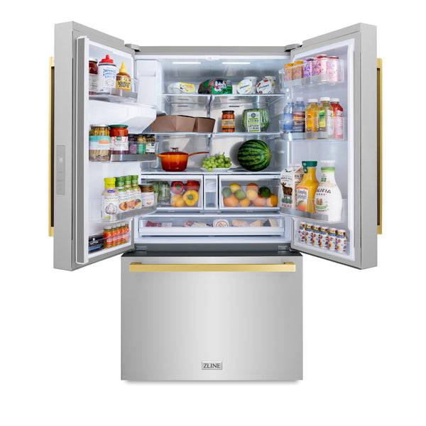 ZLINE Autograph Edition 36 in. 28.9 cu. ft. Standard-Depth French Door External Water Dispenser Refrigerator with Dual Ice Maker in Fingerprint Resistant Stainless Steel and Polished Gold Modern Handles (RSMZ-W-36-FG) - KB&A The Home Improvement Store