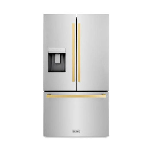 ZLINE 36 in. Autograph Edition 21.6 cu. ft 4-Door French Door Refrigerator with Water and Ice Dispenser in Stainless Steel with Polished Gold Modern Handles (RFMZ-W-36-FG) - KB&A The Home Improvement Store