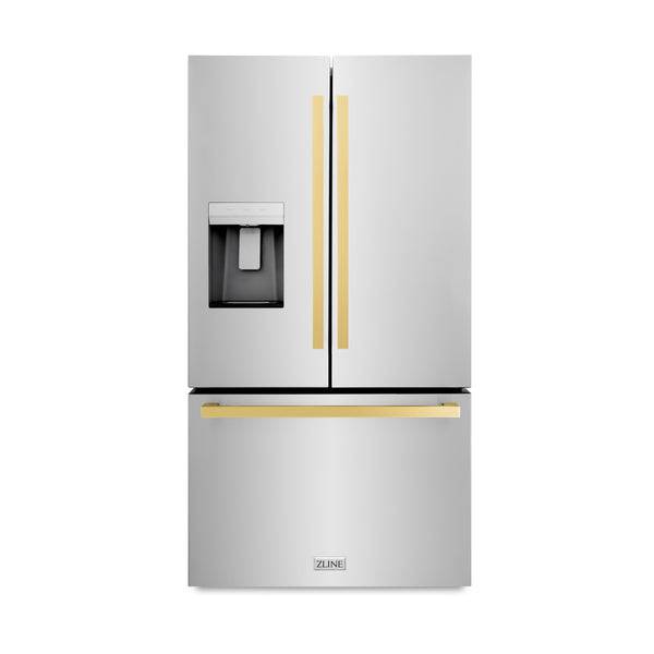 ZLINE Autograph Edition 36 in. 28.9 cu. ft. Standard-Depth French Door External Water Dispenser Refrigerator with Dual Ice Maker in Fingerprint Resistant Stainless Steel and Polished Gold Modern Handles (RSMZ-W-36-FG) - KB&A The Home Improvement Store