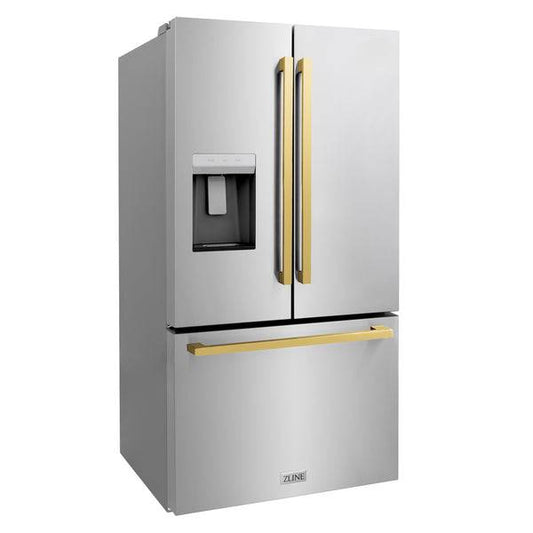 ZLINE 36 in. Autograph Edition 21.6 cu. ft 4-Door French Door Refrigerator with Water and Ice Dispenser in Stainless Steel with Polished Gold Modern Handles (RFMZ-W-36-FG) - KB&A The Home Improvement Store