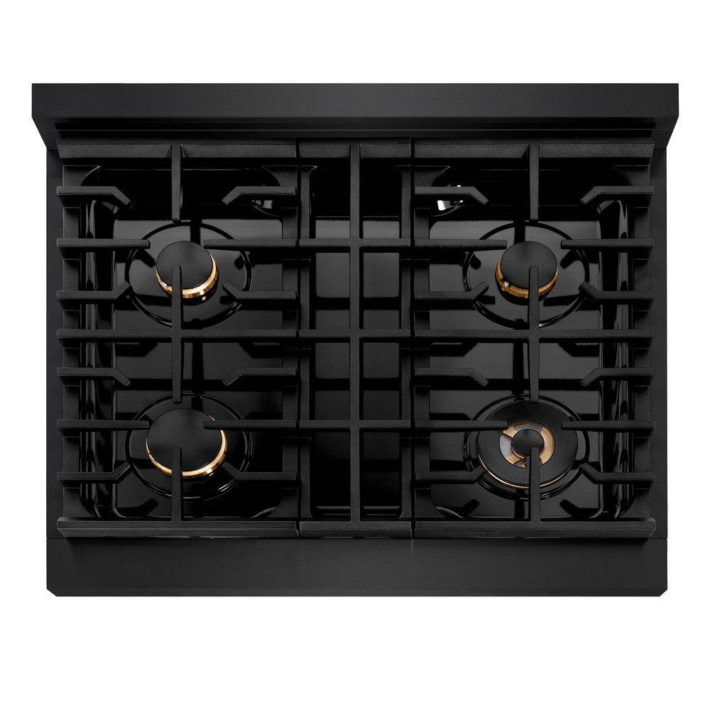 ZLINE Autograph Edition 30 in. 4.2 cu. ft. Paramount Gas Range with 4 Burner Cooktop and Convection Gas Oven in Black Stainless Steel and Champagne Bronze Accents (SGRBZ-30-CB) - KB&A The Home Improvement Store