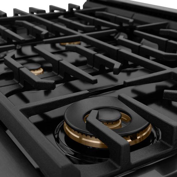 ZLINE Autograph Edition 30 in. 4.2 cu. ft. Paramount Gas Range with 4 Burner Cooktop and Convection Gas Oven in Black Stainless Steel and Polished Gold Accents (SGRBZ-30-G) - KB&A The Home Improvement Store