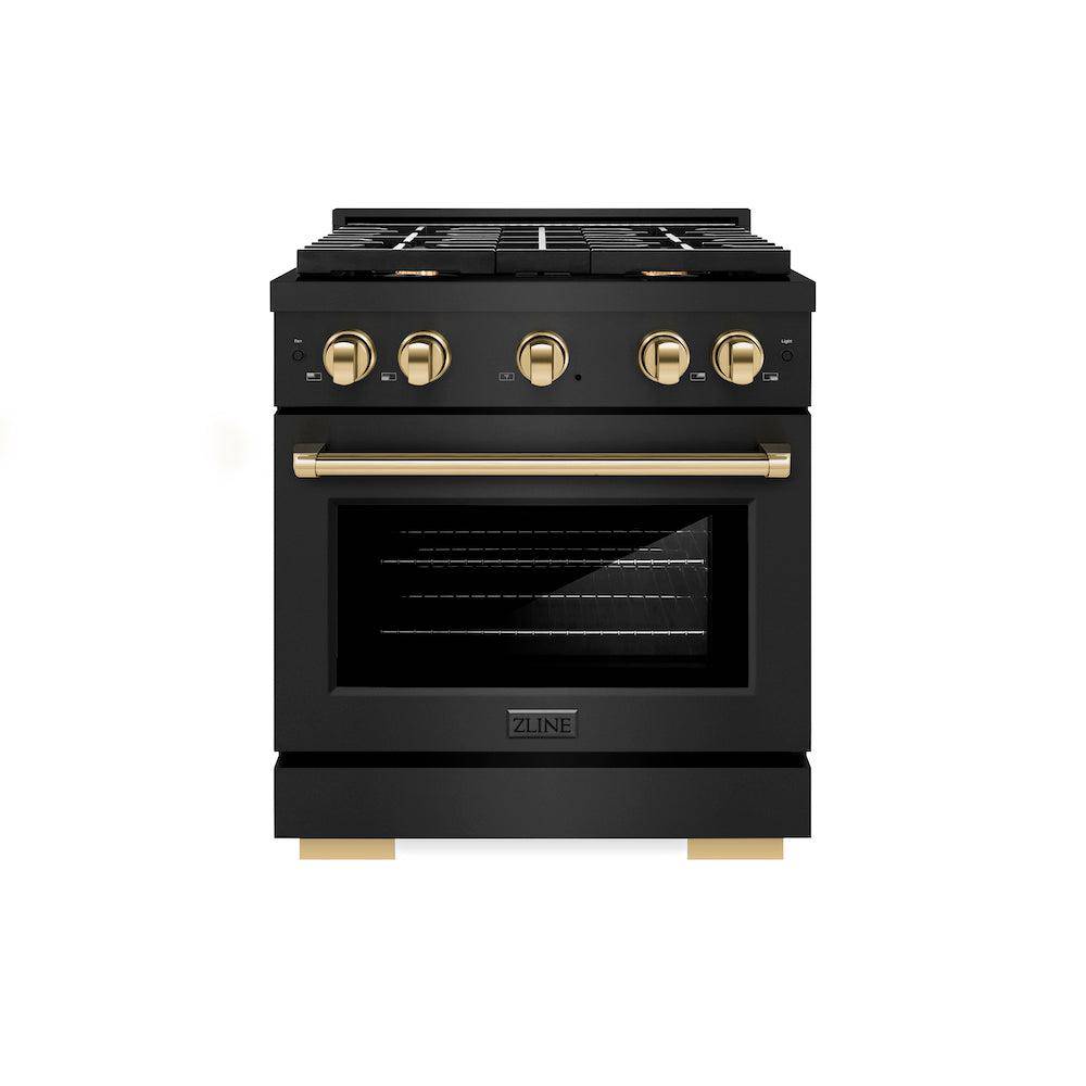 ZLINE Autograph Edition 30 in. 4.2 cu. ft. Paramount Gas Range with 4 Burner Cooktop and Convection Gas Oven in Black Stainless Steel and Polished Gold Accents (SGRBZ-30-G) - KB&A The Home Improvement Store