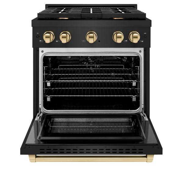 ZLINE Autograph Edition 30 in. 4.2 cu. ft. Paramount Gas Range with 4 Burner Cooktop and Convection Gas Oven in Black Stainless Steel and Polished Gold Accents (SGRBZ-30-G) - KB&A The Home Improvement Store