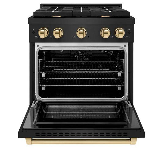 ZLINE Autograph Edition 30 in. 4.2 cu. ft. Paramount Gas Range with 4 Burner Cooktop and Convection Gas Oven in Black Stainless Steel and Polished Gold Accents (SGRBZ-30-G) - KB&A The Home Improvement Store