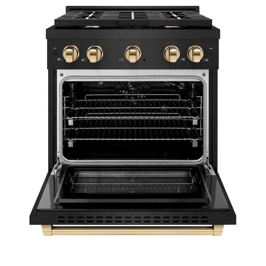 ZLINE Autograph Edition 30 in. 4.2 cu. ft. Paramount Gas Range with 4 Burner Cooktop and Convection Gas Oven in Black Stainless Steel and Champagne Bronze Accents (SGRBZ-30-CB) - KB&A The Home Improvement Store