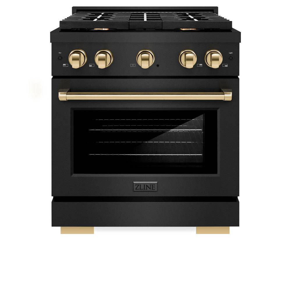 ZLINE Autograph Edition 30 in. 4.2 cu. ft. Paramount Gas Range with 4 Burner Cooktop and Convection Gas Oven in Black Stainless Steel and Polished Gold Accents (SGRBZ-30-G) - KB&A The Home Improvement Store