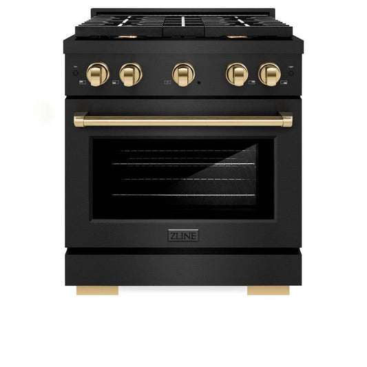 ZLINE Autograph Edition 30 in. 4.2 cu. ft. Paramount Gas Range with 4 Burner Cooktop and Convection Gas Oven in Black Stainless Steel and Polished Gold Accents (SGRBZ-30-G) - KB&A The Home Improvement Store