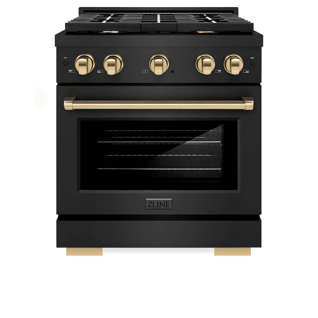 ZLINE Autograph Edition 30 in. 4.2 cu. ft. Paramount Gas Range with 4 Burner Cooktop and Convection Gas Oven in Black Stainless Steel and Champagne Bronze Accents (SGRBZ-30-CB) - KB&A The Home Improvement Store
