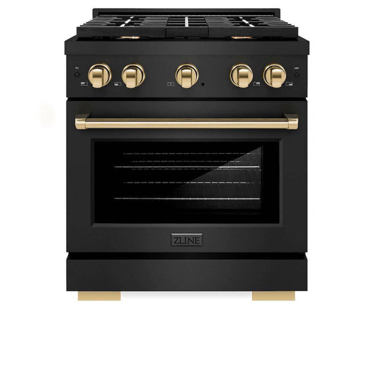 ZLINE Autograph Edition 30 in. 4.2 cu. ft. Paramount Gas Range with 4 Burner Cooktop and Convection Gas Oven in Black Stainless Steel and Champagne Bronze Accents (SGRBZ-30-CB) - KB&A The Home Improvement Store