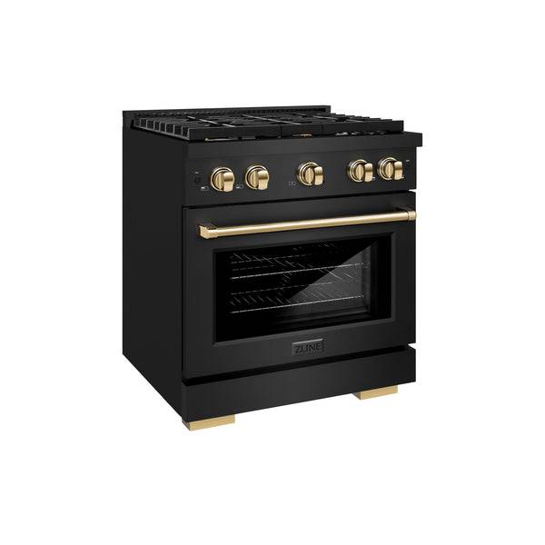 ZLINE Autograph Edition 30 in. 4.2 cu. ft. Paramount Gas Range with 4 Burner Cooktop and Convection Gas Oven in Black Stainless Steel and Polished Gold Accents (SGRBZ-30-G) - KB&A The Home Improvement Store