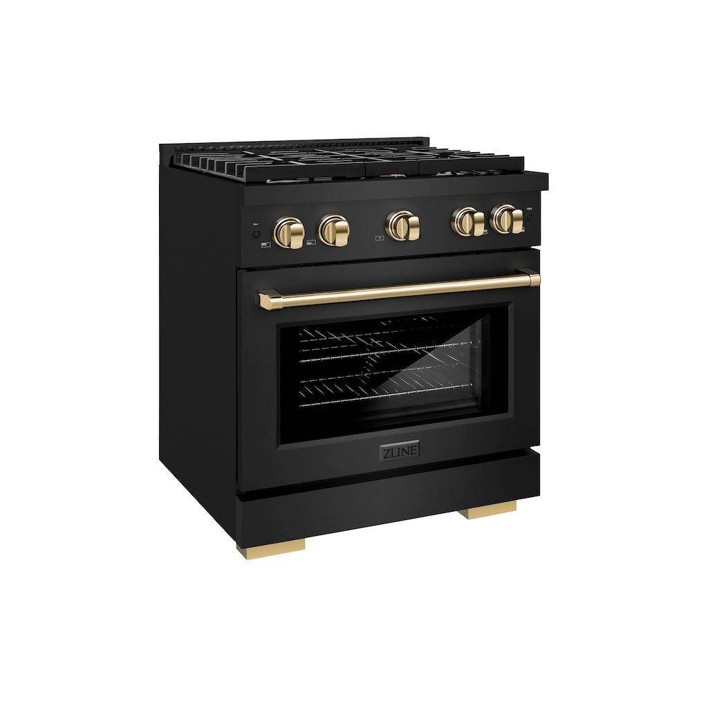 ZLINE Autograph Edition 30 in. 4.2 cu. ft. Paramount Gas Range with 4 Burner Cooktop and Convection Gas Oven in Black Stainless Steel and Champagne Bronze Accents (SGRBZ-30-CB) - KB&A The Home Improvement Store