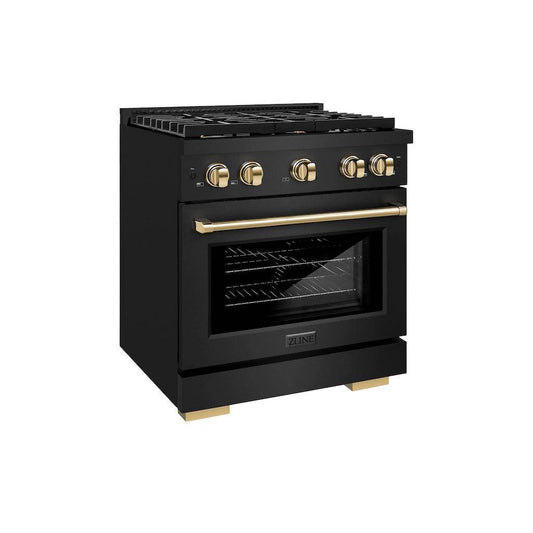 ZLINE Autograph Edition 30 in. 4.2 cu. ft. Paramount Gas Range with 4 Burner Cooktop and Convection Gas Oven in Black Stainless Steel and Champagne Bronze Accents (SGRBZ-30-CB) - KB&A The Home Improvement Store
