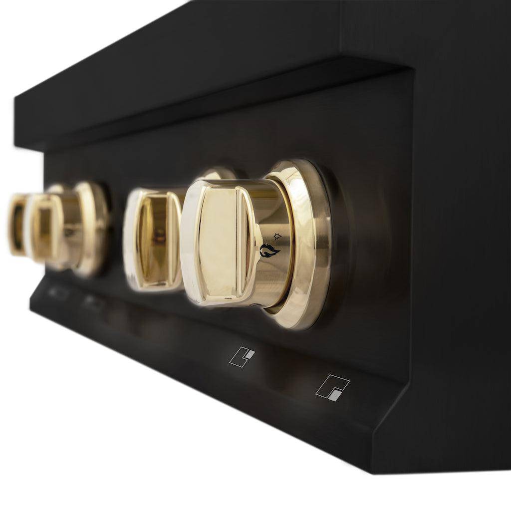 ZLINE Autograph Edition 30 in. Porcelain Rangetop with 4 Gas Burners in Black Stainless Steel and Polished Gold Accents (RTBZ-30-G) - KB&A The Home Improvement Store