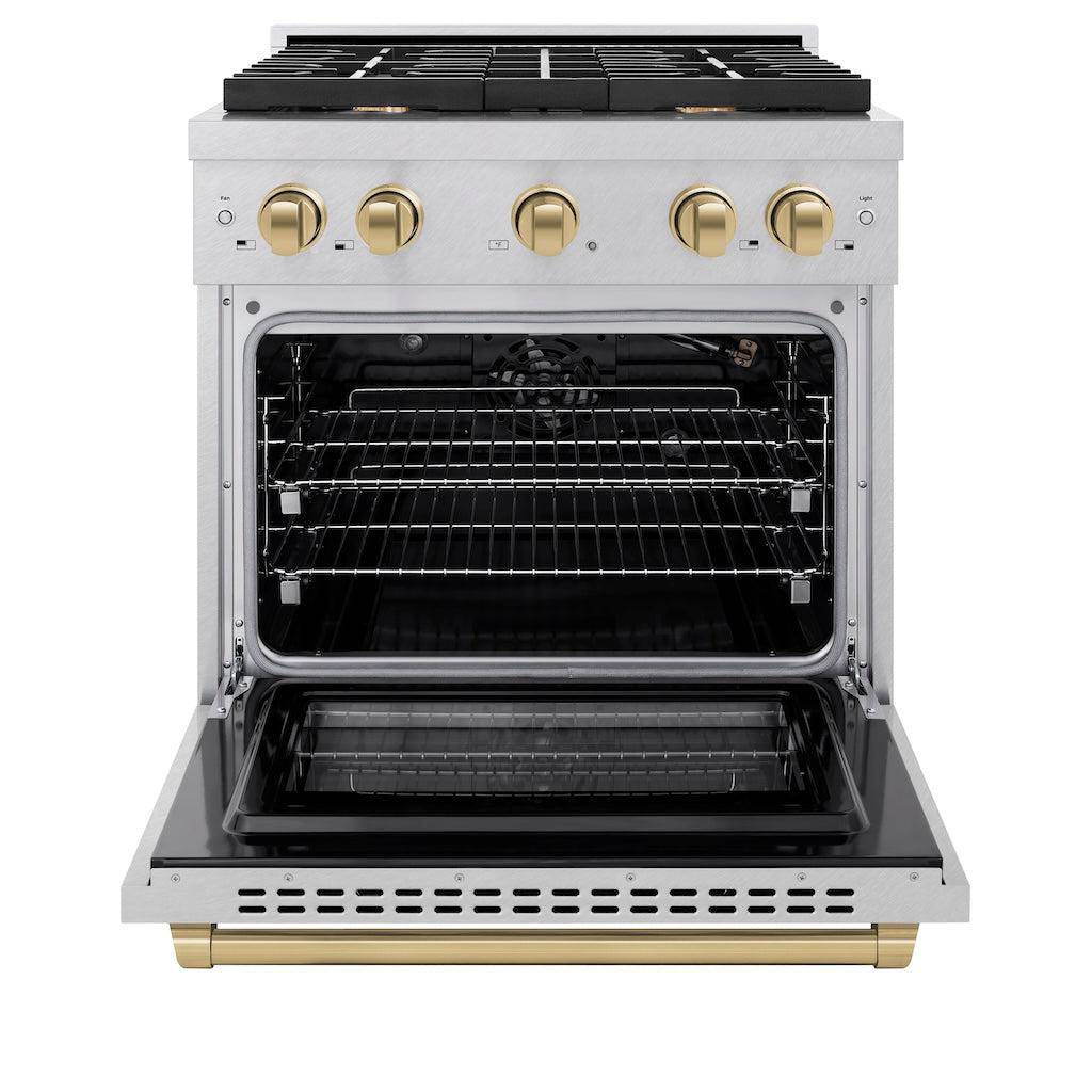 ZLINE Autograph Edition 30 in. 4.2 cu. ft. Paramount Gas Range with 4 Burner Cooktop and Convection Gas Oven in DuraSnow® Stainless Steel and Champagne Bronze Accents (SGRSZ-30-CB) - KB&A The Home Improvement Store