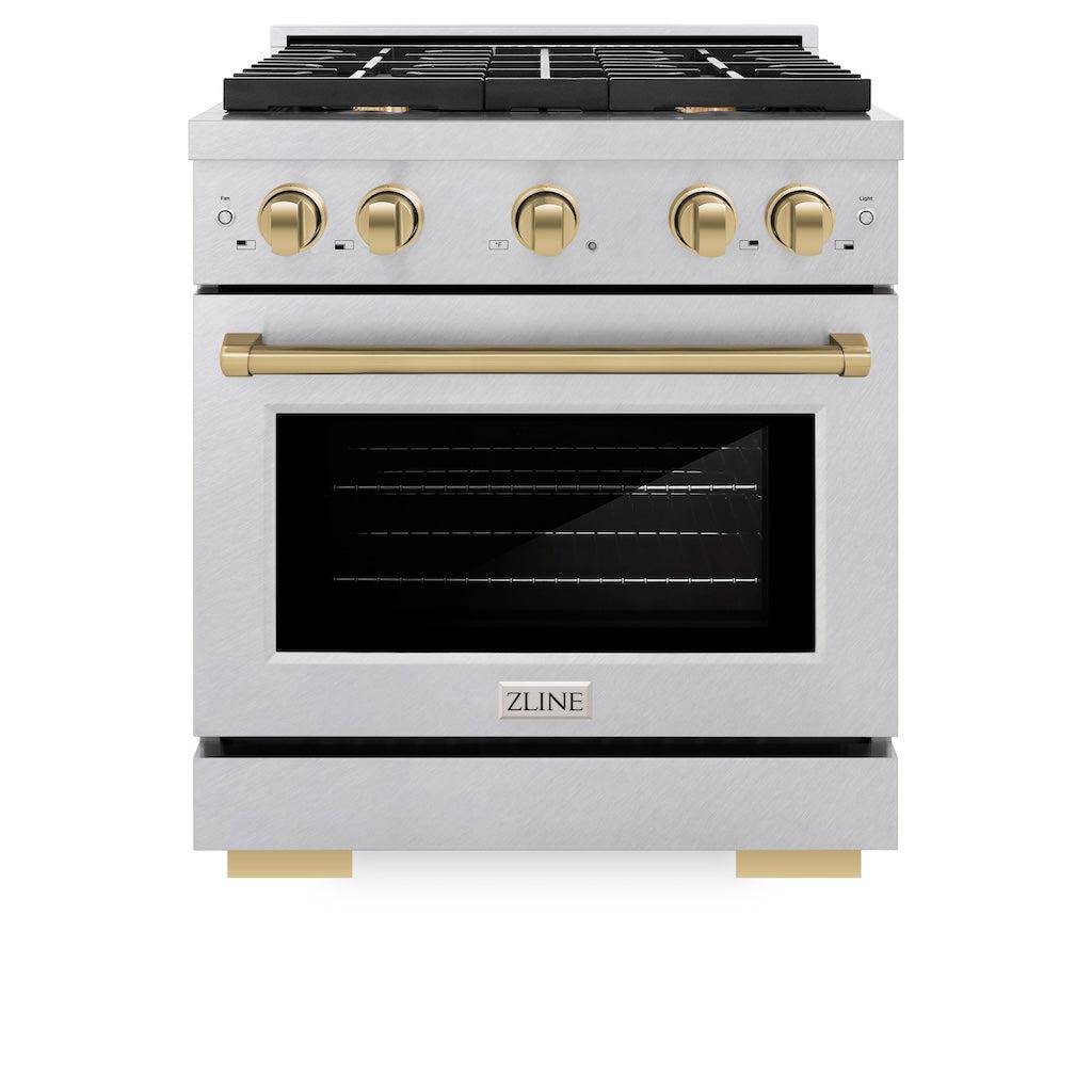 ZLINE Autograph Edition 30 in. 4.2 cu. ft. Paramount Gas Range with 4 Burner Cooktop and Convection Gas Oven in DuraSnow® Stainless Steel and Champagne Bronze Accents (SGRSZ-30-CB) - KB&A The Home Improvement Store