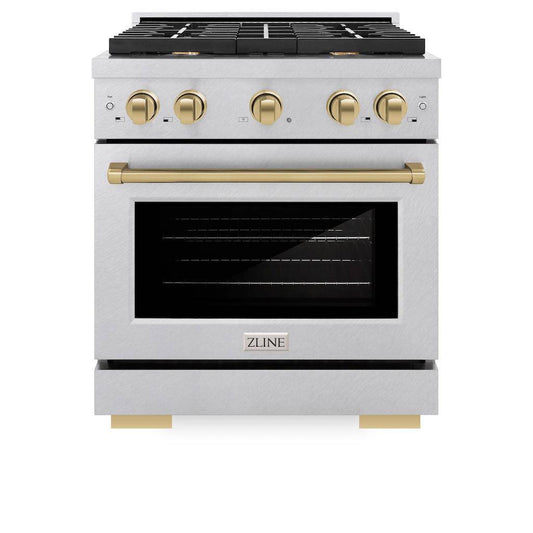 ZLINE Autograph Edition 30 in. 4.2 cu. ft. Paramount Gas Range with 4 Burner Cooktop and Convection Gas Oven in DuraSnow® Stainless Steel and Champagne Bronze Accents (SGRSZ-30-CB) - KB&A The Home Improvement Store