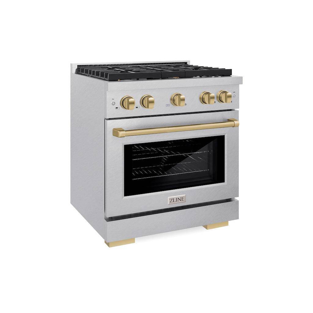 ZLINE Autograph Edition 30 in. 4.2 cu. ft. Paramount Gas Range with 4 Burner Cooktop and Convection Gas Oven in DuraSnow® Stainless Steel and Champagne Bronze Accents (SGRSZ-30-CB) - KB&A The Home Improvement Store
