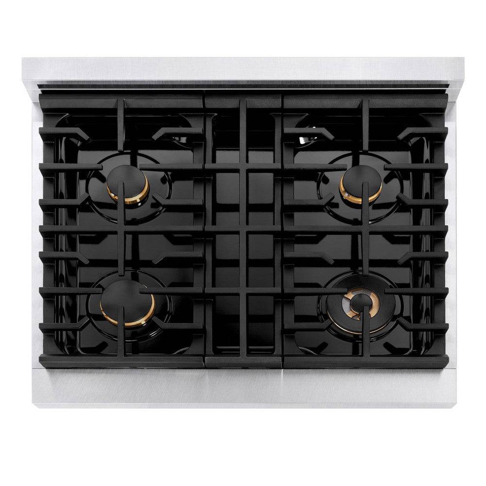 ZLINE Autograph Edition 30 in. 4.2 cu. ft. Paramount Gas Range with 4 Burner Cooktop and Convection Gas Oven in DuraSnow® Stainless Steel and Champagne Bronze Accents (SGRSZ-30-CB) - KB&A The Home Improvement Store