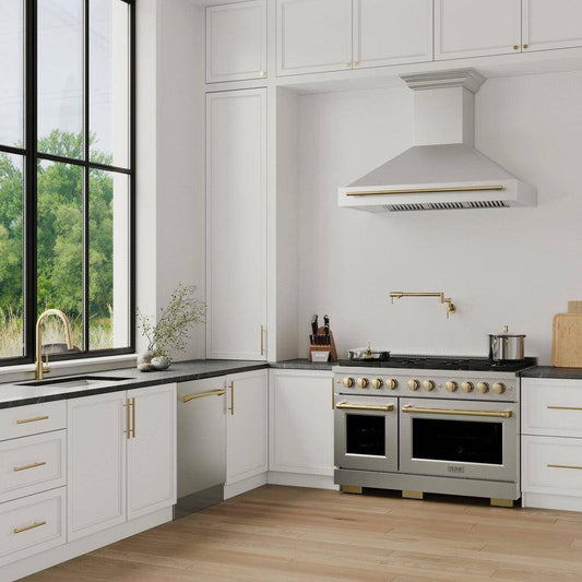 ZLINE 48 in. Autograph Edition Stainless Steel Range Hood with Stainless Steel Shell and Accented Handle (8654STZ-48-G) - KB&A The Home Improvement Store