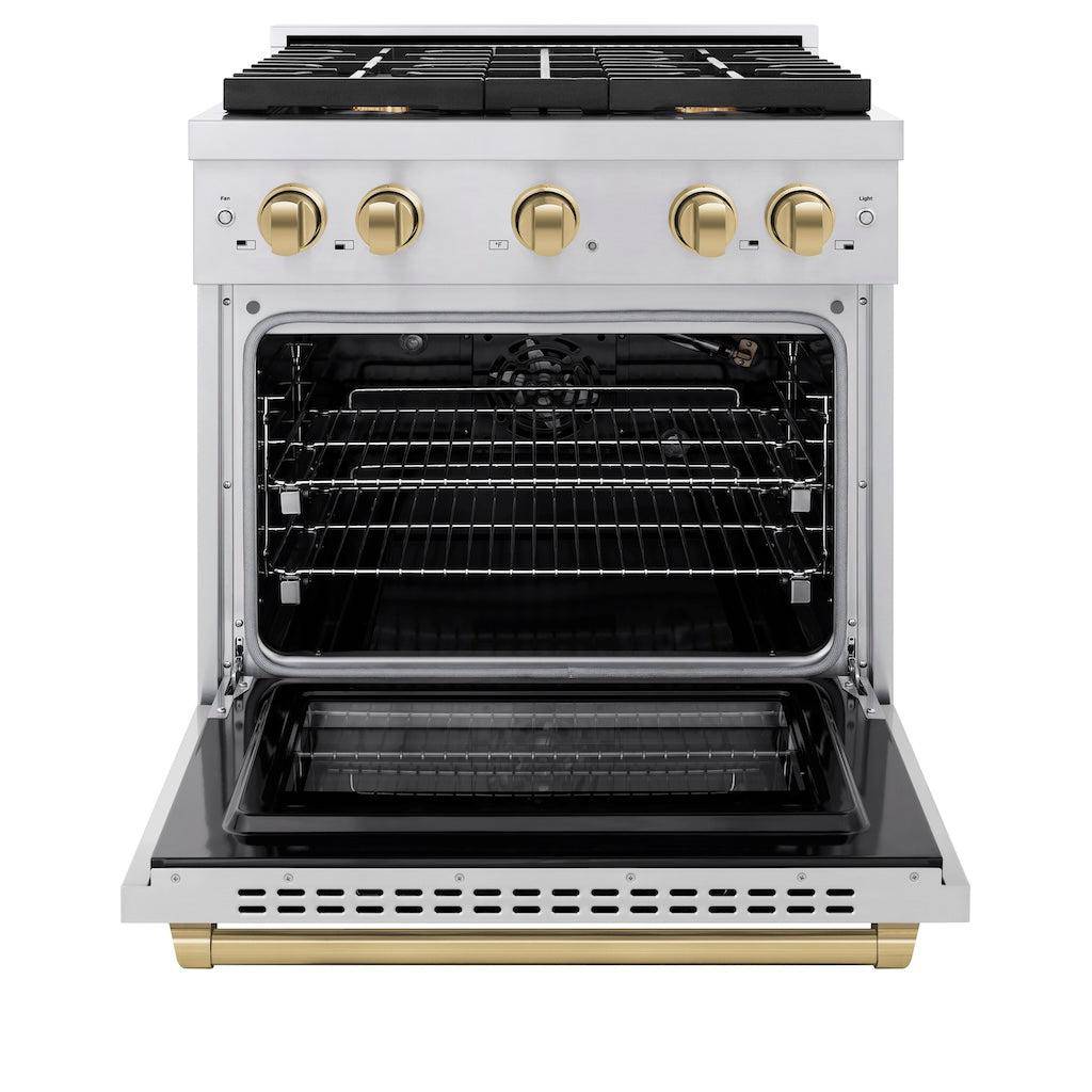 ZLINE Autograph Edition 30 in. 4.2 cu. ft. Paramount Gas Range with 4 Burner Cooktop and Convection Gas Oven in Stainless Steel and Champagne Bronze Accents (SGRZ-30-CB) - KB&A The Home Improvement Store