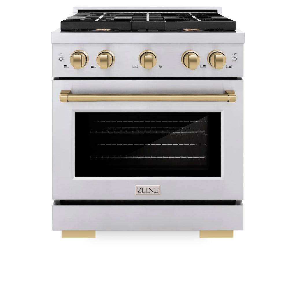 ZLINE Autograph Edition 30 in. 4.2 cu. ft. Paramount Gas Range with 4 Burner Cooktop and Convection Gas Oven in Stainless Steel and Champagne Bronze Accents (SGRZ-30-CB) - KB&A The Home Improvement Store