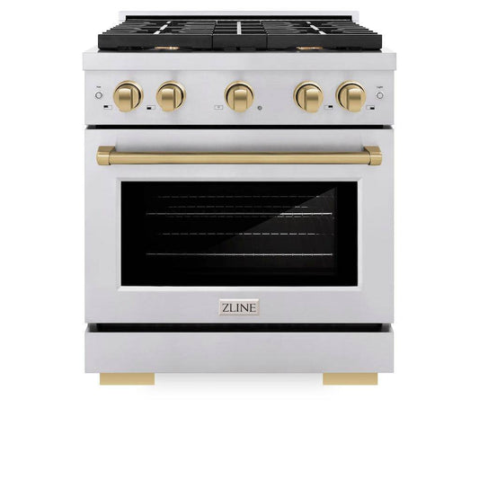 ZLINE Autograph Edition 30 in. 4.2 cu. ft. Paramount Gas Range with 4 Burner Cooktop and Convection Gas Oven in Stainless Steel and Champagne Bronze Accents (SGRZ-30-CB) - KB&A The Home Improvement Store